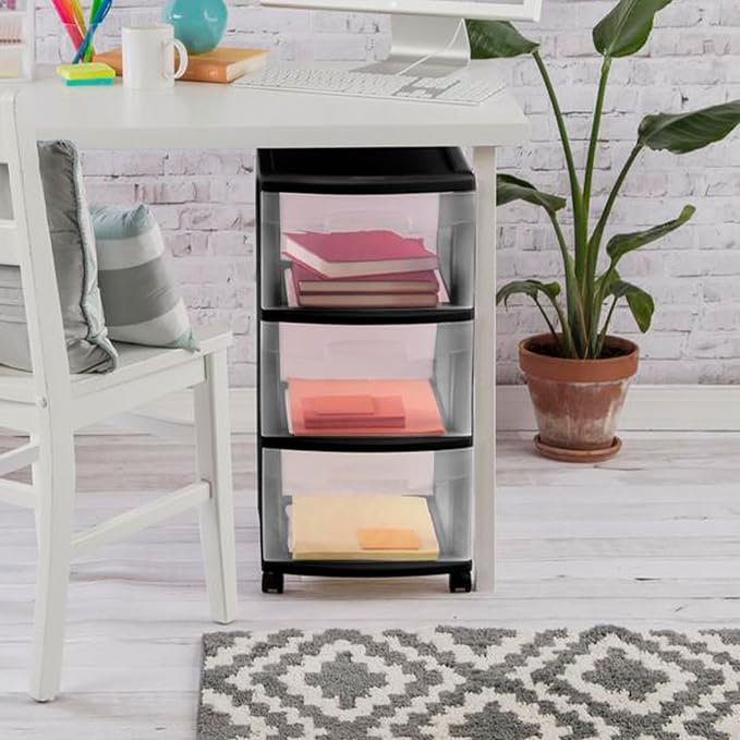 Sterilite 2 Pack Plastic Storage Organizer, 3 Drawer Rolling Bin Cart, Closet Organization, Black