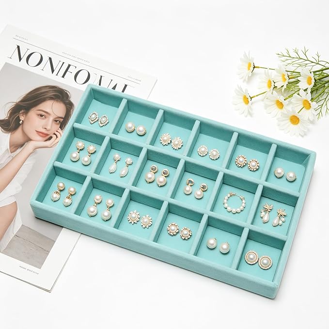 Velvet Jewelry Trays for Drawers, Blue Stackable Jewelry Drawer Organizer Inserts, Ring Earring Necklace Bracelet Holder Organizer Storage Display Tray with Removable Dividers, 18 Grids