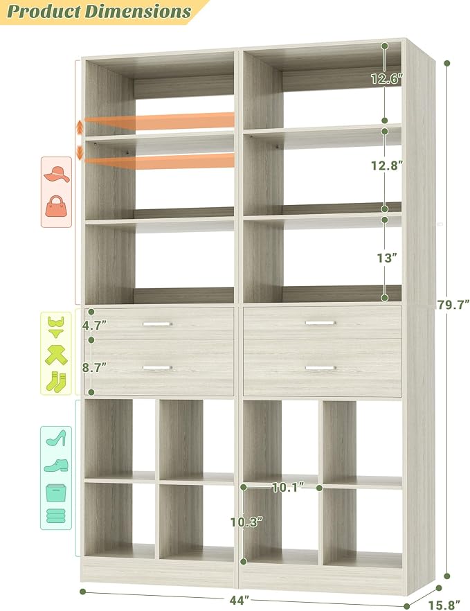 44" Storage Unit with Drawers and Shelves, Greige Oak