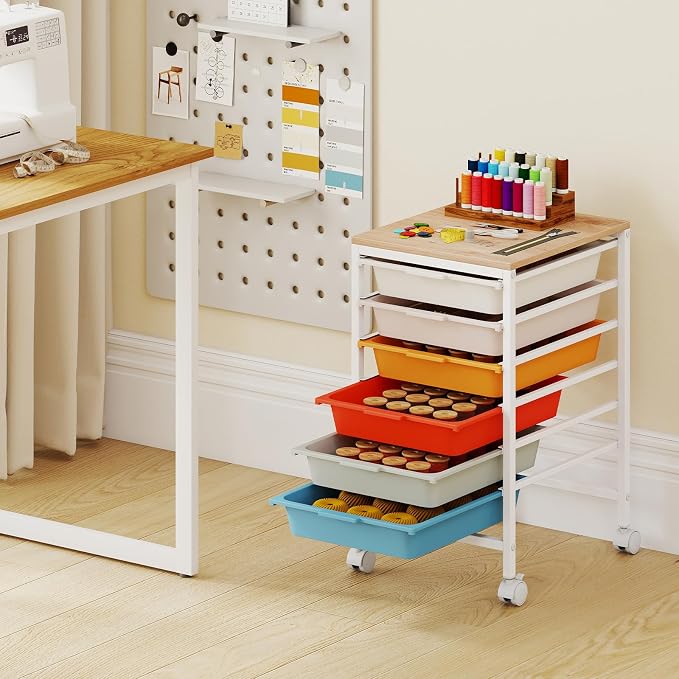 LDAILY Rolling Cart with Drawers, 6 Drawer Rolling Storage Cart with Wooden Tabletop, Metal Frame & Lockable Wheels, Craft Organizers and Storage for Home Office Classroom (Macaron, 6 Drawer)