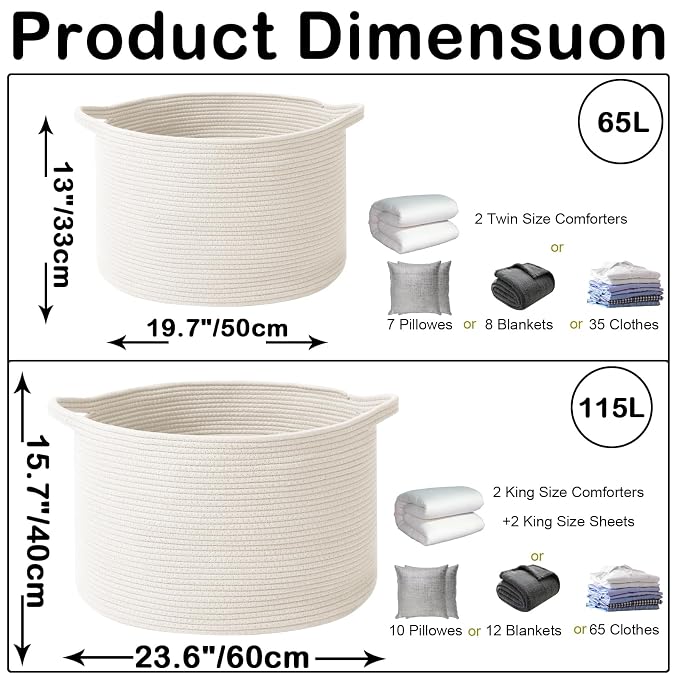 115L Extra Large Woven Cotton Rope Blanket Basket with Handles, Laundry Hamper Storage Bin for Pillows, Comforters,Clothes, Toys, Nursery, Bedroom and Living Room Organization,White