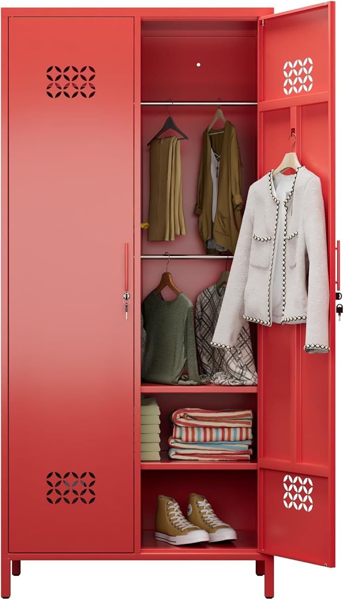 METAN 71" H*33.5" W*20" D Metal Wardrobe Closet with Lock,Extra Deep 2 Doors Metal Wardrobe Cabinet for Home,Assembly Required,Red