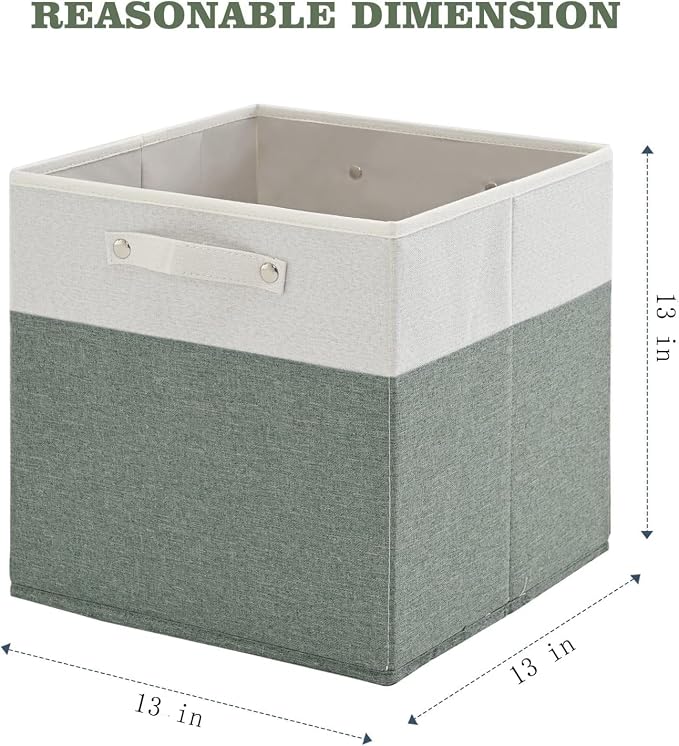 FinishingBo 13 x 13 Inch Fine Linen Storage Bins with Handles，Fabric Cube Boxs，Basket Organizers for Shelves for Home, Closet Drawers (White/Green-6 Pack)