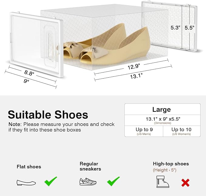 Shoe Boxes, 12 Pack Clear Plastic Stackable Shoe Storage Boxes Fit US Size 10, Ventilated Dust-Proof Sneaker Containers, Shoe Organizer for Closet, Entryway, 13.1 x 9 x 5.5 Inches, White