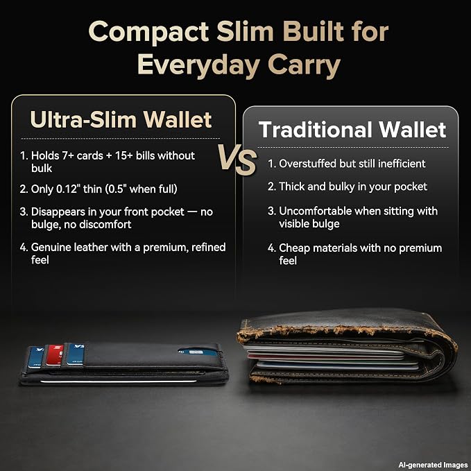 furid Slim Genuine Leather Wallet: Minimalist RFID Small Card Wallet for Men with ID Window - Front Pocket Comfortable Fit - 0.11-inch Ultra Thin Credit Card Holder for Men's Gift