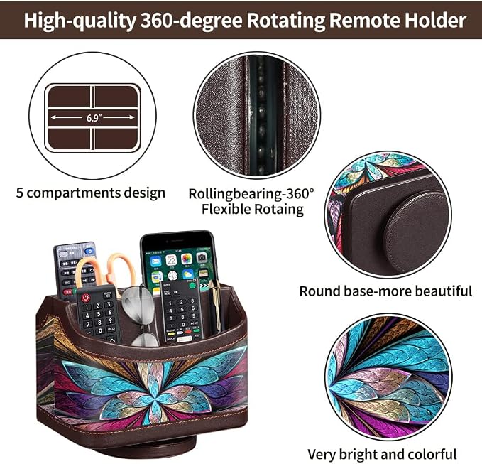360° Rotatable Remote Control Holder,PU Leather TV Remote Caddy for Table | Colorful Art Supply Organizer Pen Holder, Multi-Functional Desk Organizer for Nightstand,Living Room,Home and Office Decor