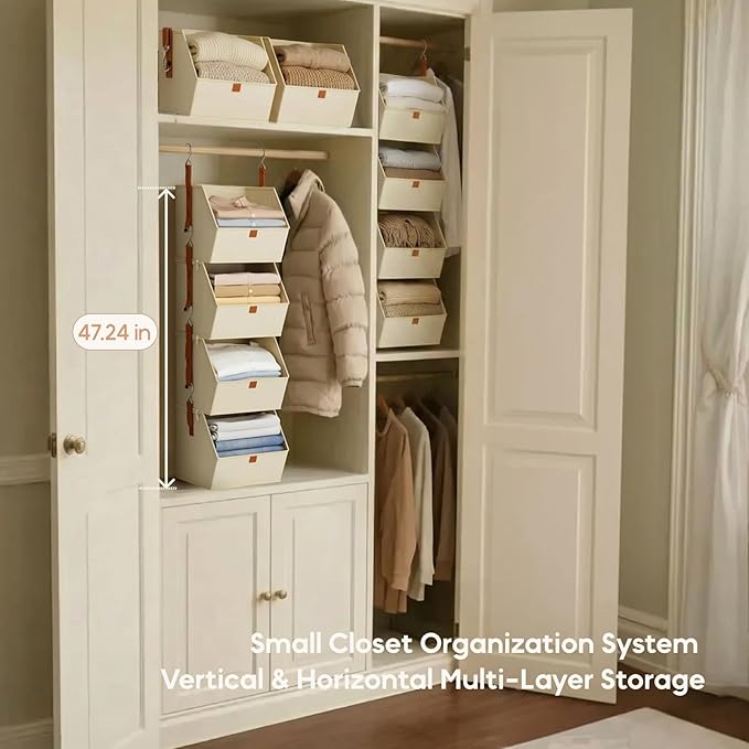 Homsorout Hanging Closet Organizer 4 Tier - Clothes Hanging Shelves, Space-Saving Closet System, Fabric Storage Bins Bedroom Organization, Collapsible Baskets for Home, Dorm, Rv, Beige, 8 Pack