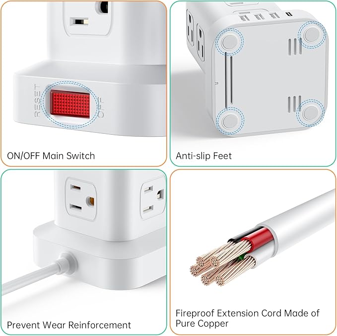 Power Strip with 12 Outlets 4 USB (1 USB C), 10Feet Extension Cord with Multiple Outlets, Charging Station, Power Strip Tower, Home Office Desk Supplies