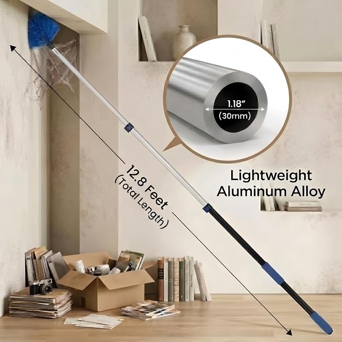 20ft High Ceiling Duster Kits with 5-12ft Heavy Duty Extension Pole - Fan Blade Cleaner, Cobweb Remover & Blue Window Squeegee Kit, Washable Dust Brush for High Roof and Glass Surfaces