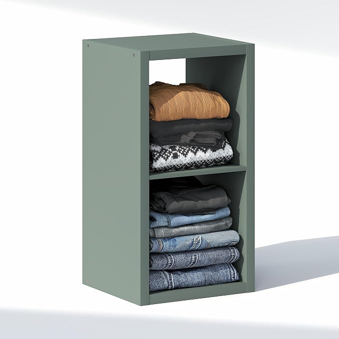 Furinno Cubic Extra Thick 2-Cube Closet Organizers and Storage, Sage Green | 14.6 x 16 x 30 in, Open Shelf Closet Storage, Closet Organizer, for Wardrobe, Bedroom, Living Room