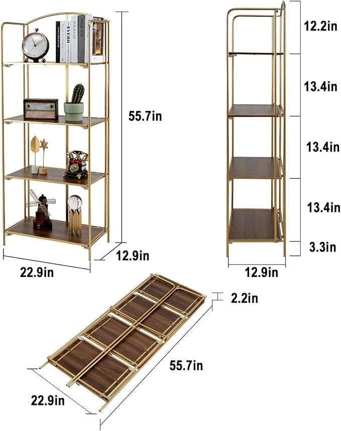 Crofy 4-Tier Foldable Bookshelf, Gold Frame & Walnut Shelves | No-Assembly Collapsible Portable Storage Organizer; Sturdy Walnut Finish Shelves; Ideal for Living Room & Home Office