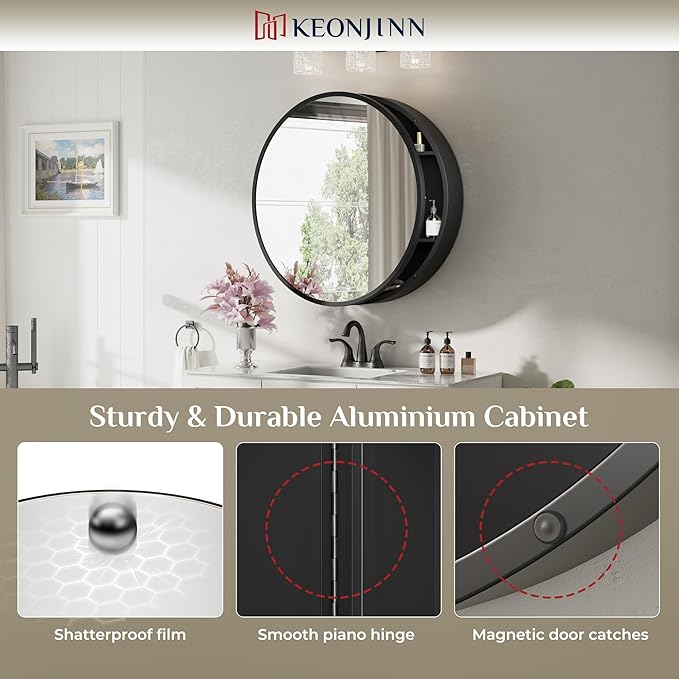 Keonjinn 30 in Round Black Medicine Cabinets with Mirror, Large Farmhouse Medicine Cabinet for Bathroom, Circle Bath Mirror with Storage, Metal Frame Medicine Cabinet for Wall with Detachable Shelves