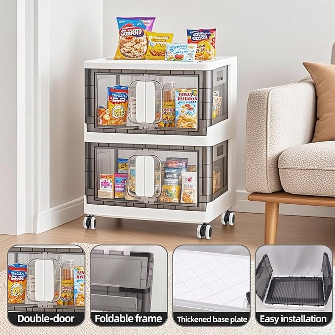 Folding Storage Organizer with Silent casters | Stackable Design for Home & Office, Heavy-Duty Plastic Storage Bin with Clear Door, 3 Sizes (19.5/23.5/27.5in),Black/White (27.6" 3 layer, White)