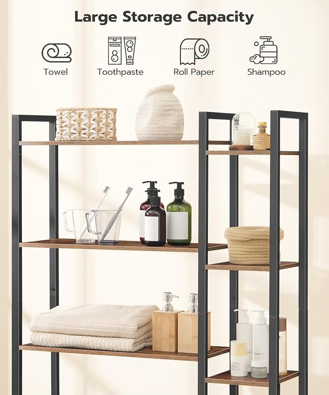 HOOBRO Over The Toilet Storage, 8-Tier Bathroom Organizer Over Toilet Shelf, Storage Rack Above Toilet Stand, Freestanding Space Saver, Toilet Paper Holder, Rustic Brown and Black BF86TS01