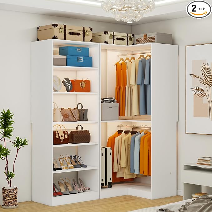 Closet System, 4.5-11.1 FT L-Shaped Corner Walk in Closet Organizer System with 6 Storage Shelves,4 Expandable Hanging Rods, 1400+ lbs Capacity, Set of 2, White
