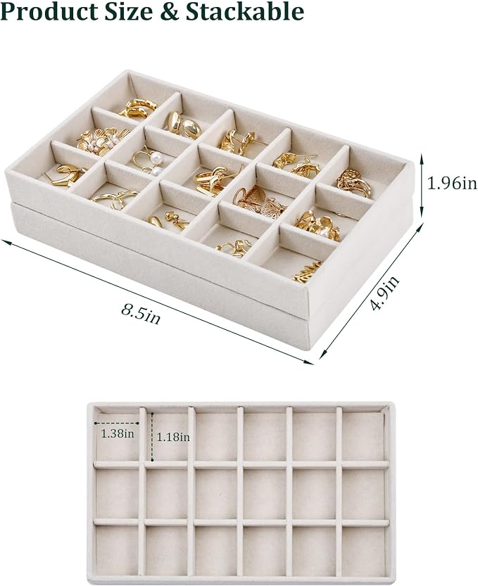 Stackable Jewelry Organizer Trays with Removable Dividers, 2-Tray Beige Jewelry Drawer Organizer Set for Earrings, Necklaces, Rings & Bracelets Gift for Her
