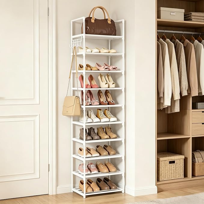 Metal Shoe Rack Organizer 10 Tiers, 20-24 Pairs Narrow Tall Shoe Racks for Closets Entryway - Vertical Boots Organizer Storage - Sturdy Shoe Shelf Cabinet White