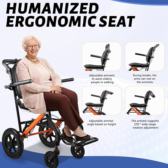 Wheelchairs for Adults,Transport Wheelchair Lightweight Foldable with Removable Cushion，Ergonimic Travel Wheelchair with Rotate Handle，Gift for Grandma