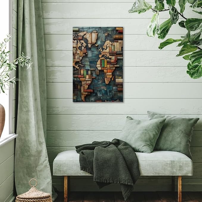 World Map Book Adventure Vintage Library Art Aesthetic Poster Canvas Wall Art Decoration Living Room Home Decor Bedroom Decoration Poster Framed12x18inch