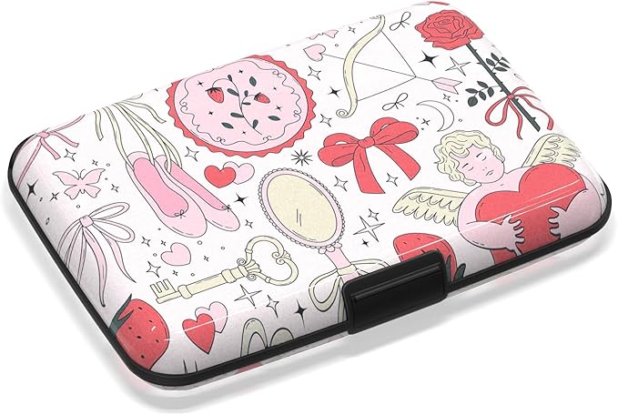 Credit Card Holder for Women, RFID Blocking Aluminum Hard Card Case, Mini Metal Wallet for Business Travel, Pink Bow Love