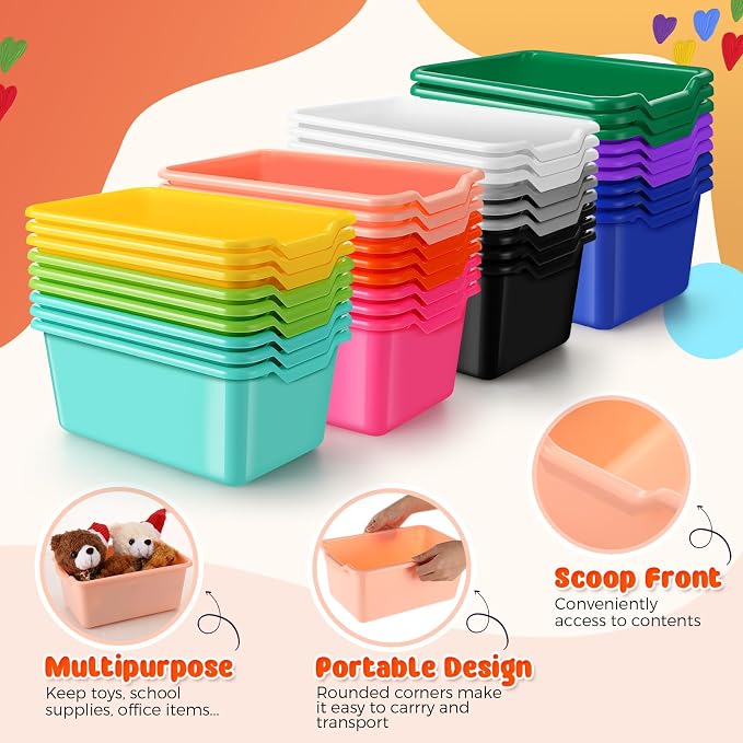 Dandat 24 Pcs Plastic Book Bins for Classroom Library Colorful Scoop Front Cubby Bins Stackable Toy Storage Containers with Handles for School Home Office Nursery Daycare (Bright Color)
