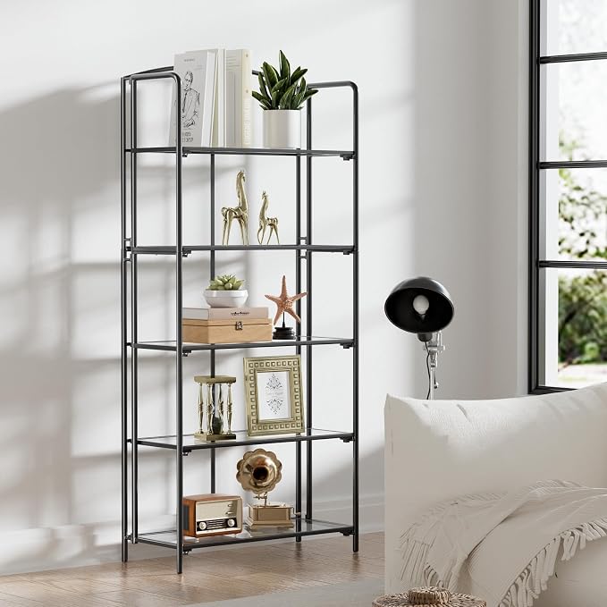 Crofy 5-Tier Wider Foldable Bookshelf, Black Frame & Transparent Shelves | Collapsible Portable Storage Organizer; Sturdy Transparent Shelves; Ideal for Living Room & Home Office