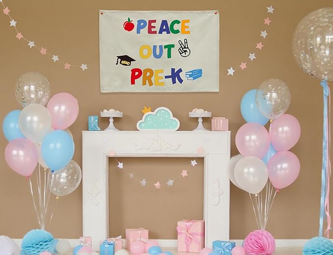 Peace Out Pre-K Graduation Banner, Natural Beige Cotton Canvas Classroom Wall Hanging Sign, Preschool Last Day of School Party Decor, Photo Backdrop for Teacher Gift and Kids, 28.5x20 Inch