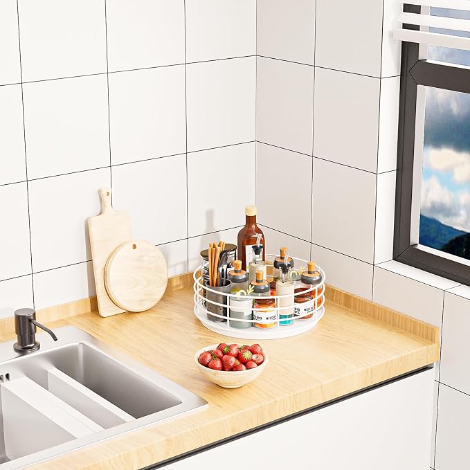 Snack Organizer - Versatile Snack Storage, Lazy Susan with Convenient Grab-and-Go Design, Metal Snack Holder for Home, Office, Breakroom, 10.85" L x 10.85" W x 5" H (White)