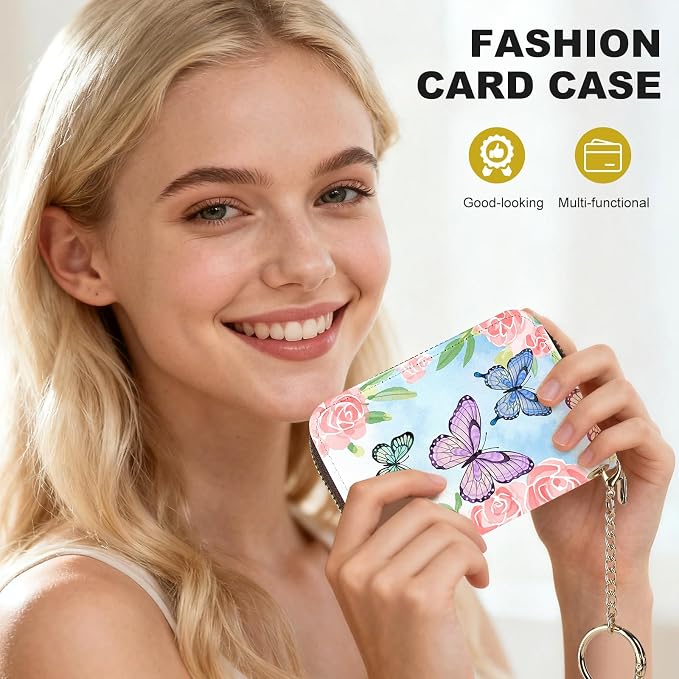Credit Card Holder for Women,Small Rfid Wallet with Keychain Zipper,Cute PU Leather Card Case Wallet，Accordion Credit Card Wallets Gift,Pink Flowers and Butterflies