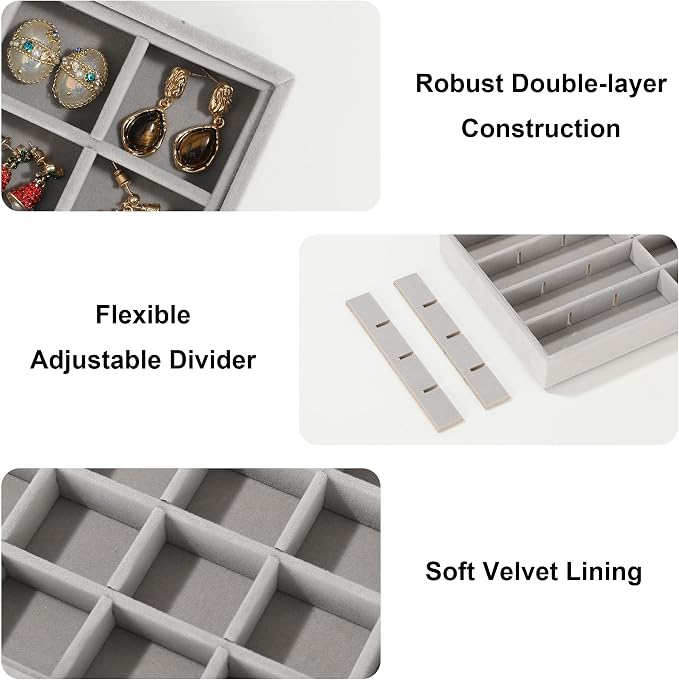 Frebeauty 24 Grid Earring Organizer,Velvet Jewelry Tray for Drawer | Adjustable Dividers,Stackable Design,Drawer Insert for Rings Studs,Vanity Organizer,for Women Girls