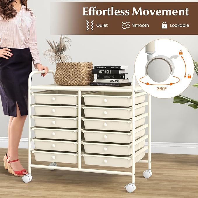 LDAILY 12 Drawer Rolling Storage Cart, Craft Cart Organizer on Wheels w/Metal Frame, Large Capacity & Smooth Drawer, Rolling Cart w/Drawers for Classroom, Office