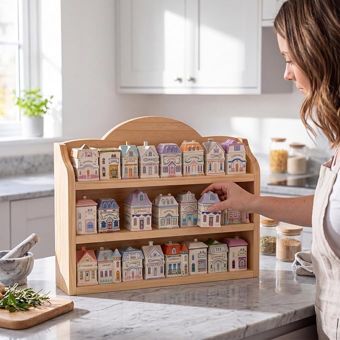 Chunful Vintage Spice Jar Wooden Rack Beige Natural 3-tier Spice Shelf for 24 Jars, Village Style Wall Mounting Kitchen Storage Decorative Hanging Display Rack, Shelf Only
