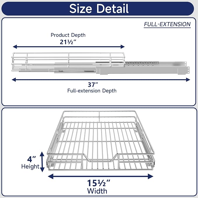 Pull Out Cabinet Organizer, 15.5" W x 21.5" D, Heavy Duty Chrome Slide Out Shelf for Base Cabinets, Sliding Wire Basket Drawer for Pantry Items, Bowls, Containers & Cleaning Supplies