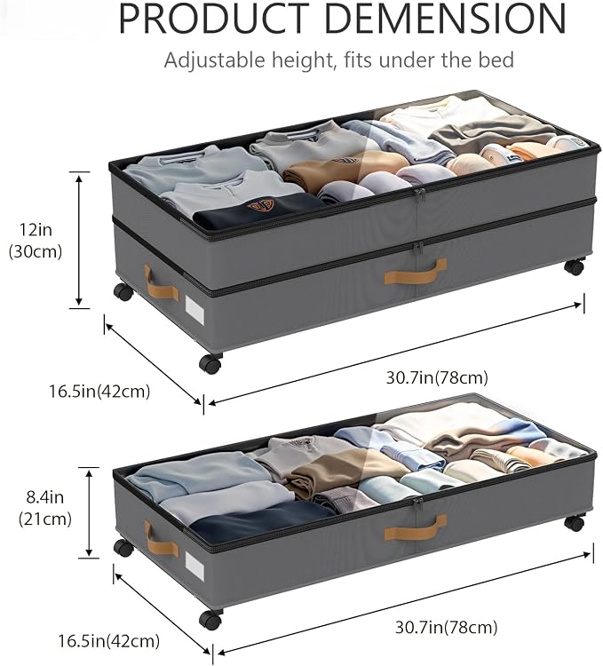 Under Bed Storage with Wheels 2-Pack, 75L XXL Under the Bed Storage Containers Large, 12" Tall Adjustable Storage for Underbed with Lids, Rolling for Clothes, Shoes, Blankets (4PCS-Grey)