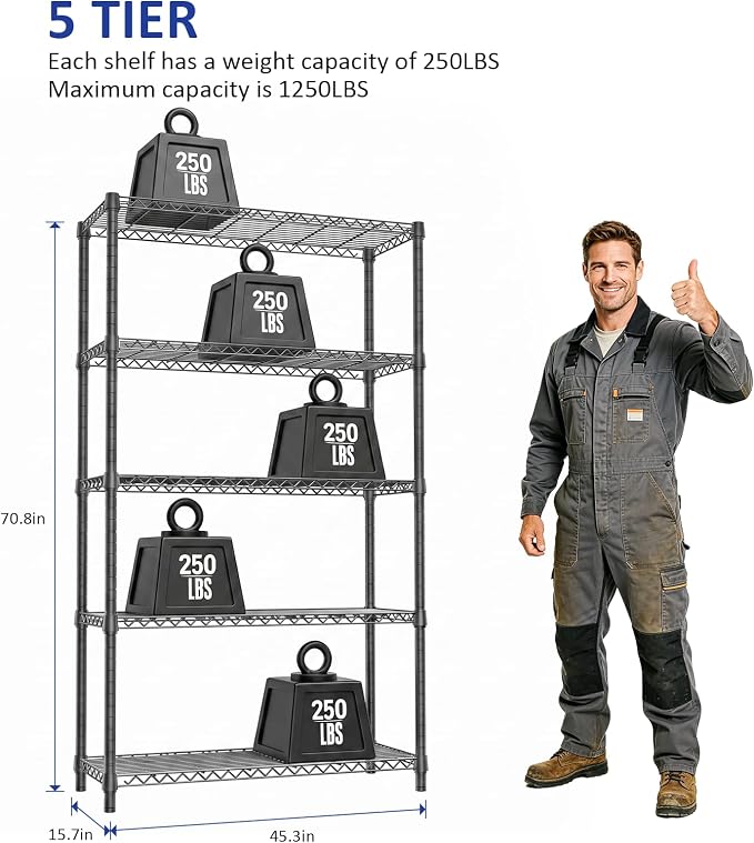 Heavy Duty Wire Rack Shelf, Metal Storage Shelving for Kitchen and Garage | 5-Tier 15.7" D X 45.3" W X 70.9" H Black Metal Storage Shelving Unit, 1250 LBS Wire Shelf for Pantry, Office Organization