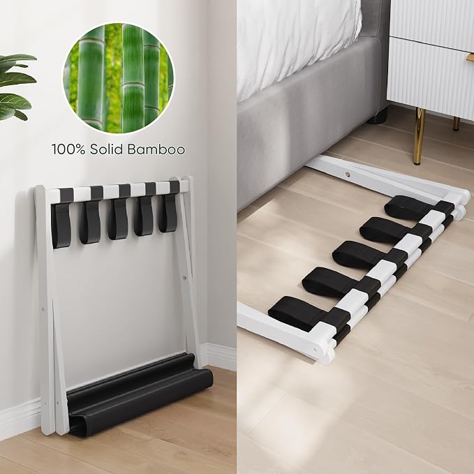 Smart FENDEE 2 Pack Luggage Rack, Folding Luggage Rack for Guest Room, White Bamboo Suitcase Stand Holds up to 131 lb, Luggage Stand with Storage Shelf for Hotel, Bedroom