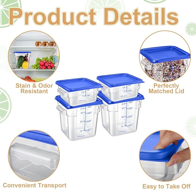 Barydat 4 Pcs Square Food Storage Containers with Lids Measurement Scales, 2qt & 4qt Clear Plastic Stackable Containers for Dough Proofing Baking Kitchen Restaurant and Pantry Organization(Blue)