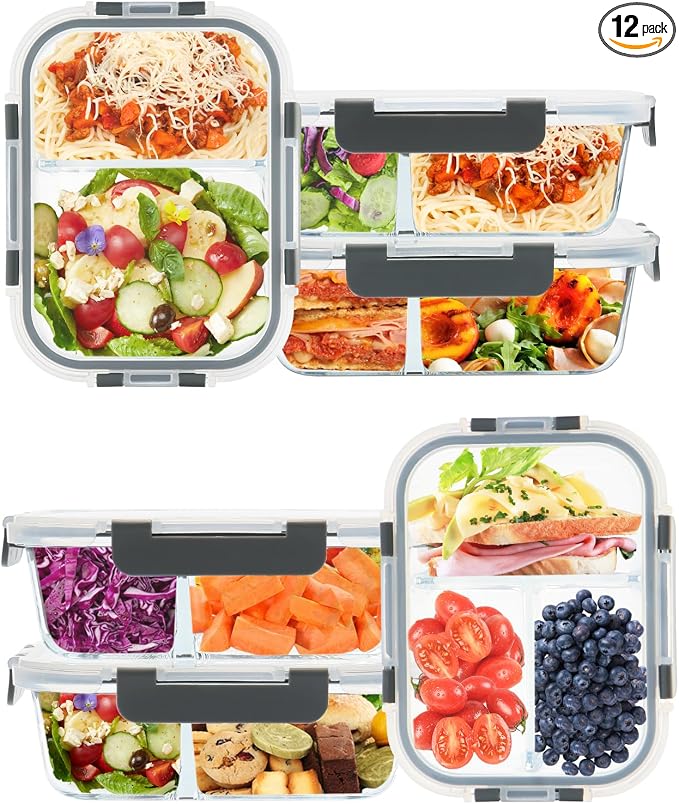 2 & 3 Compartment Glass Meal Prep Containers 6 Pack, 34oz Lunch Containers | Portion Control, Glass Food Storage Containers with Airtight Lids, Microwave, Freezer, Dishwasher Safe, Leak-Proof