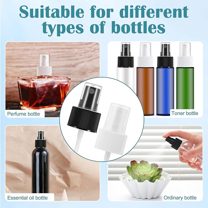 24 Pack Spray Bottle Top, Spray Bottle Nozzle Replacement, 24/410 Fine Mist Spray Caps with 5.9" Dip Tube, Plastic Sprayer Pump for Toners and Essential Oil Bottles, Home, Kitchen Black,White