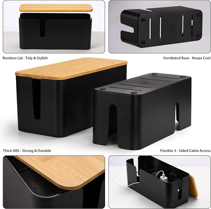 ZhiYo Large Cable Management Box, Thick ABS Power Strip Organizer, Black | Extra-Tall Design for Oversized Adapters, Natural Bamboo Lid, Fits Power Strips Up to 12.5" Long, Ideal for Desks, TV Areas