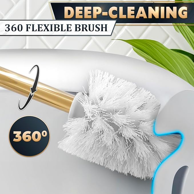 Toilet Brush and Holder Set, Wall Mounted, Clear Bowl (Gold Crystal) | Toilet Bowl Brush and Holder Set, Polished Gold Handle, Space-Saving Wall Mount, Stainless Steel Body, for Elegant Bathrooms