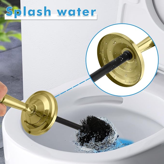 Stainless Steel Toilet Brush and Holder,Gold Toilet Bowl Brush with Long Handle for Bathroom,Toilet Brushes-Space Saving,Covered Brush, Durable, Deep Cleaning,Splash Resistant