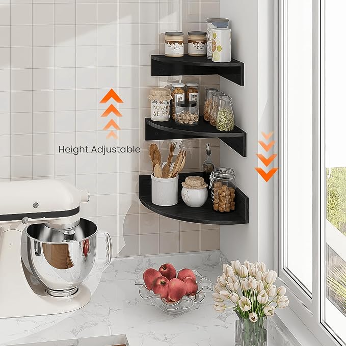 Homode Corner Floating Shelves, Set of 3 Corner Shelves Wall Mounted with Cable Hole, 3 Tier Wooden Hanging Corner Storage Shelf for Bedroom, Living Room, Kitchen, Black