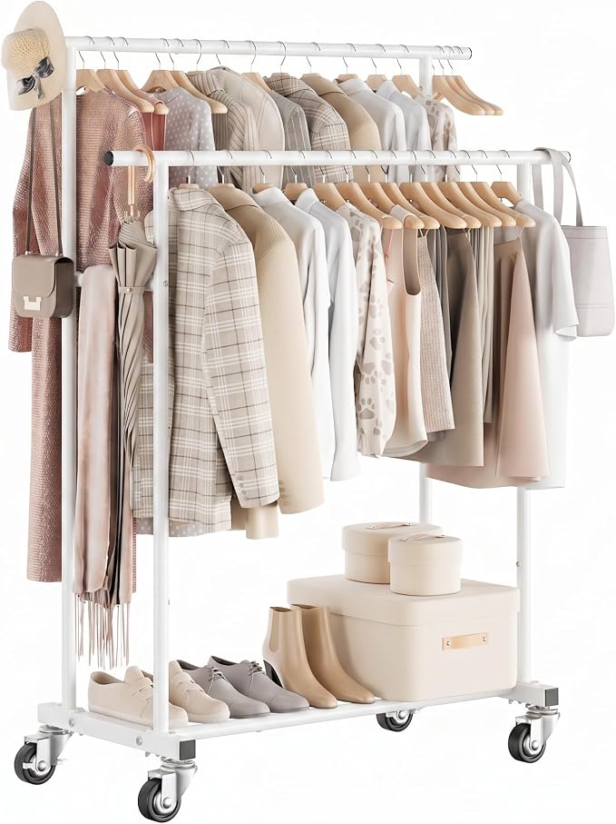 Calmootey Rolling Garment Rack with 2 Rods, Clothes Organizer for Bedroom | High-Low Rods, Two Lockable Wheels, Sturdy Metal Frame, Space-Saving, Fits Laundry, Living Room, White