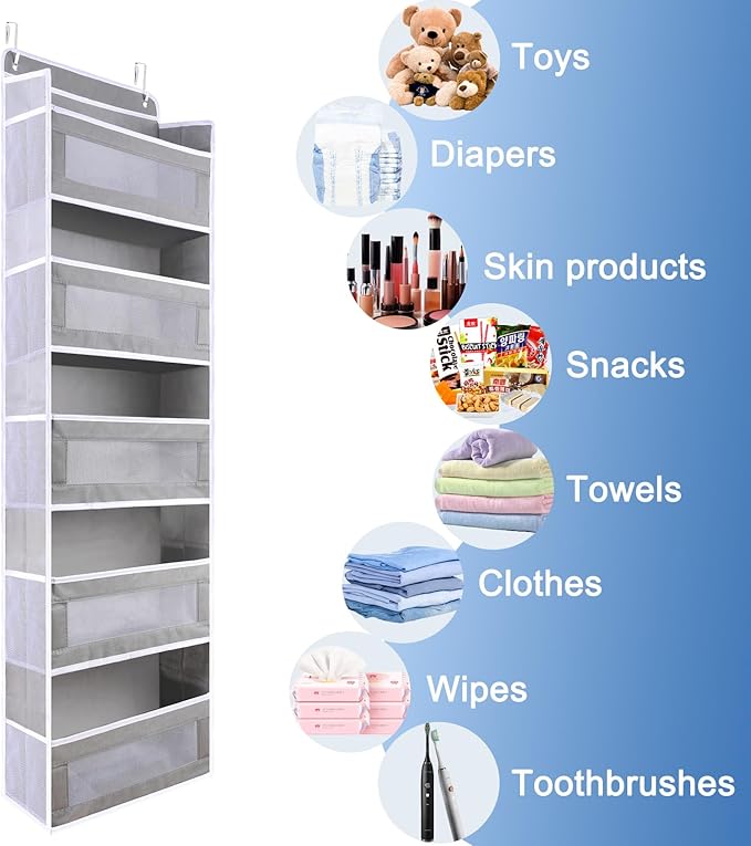 ANHUXINLEI Over The Door Organizer Storage, 5 Large Capacity Pockets & 5 Side Pockets, Anti Tilt 44 lb Load Behind Door Storage for Bedroom, Bathroom, Pantry, Nursery (Grey)