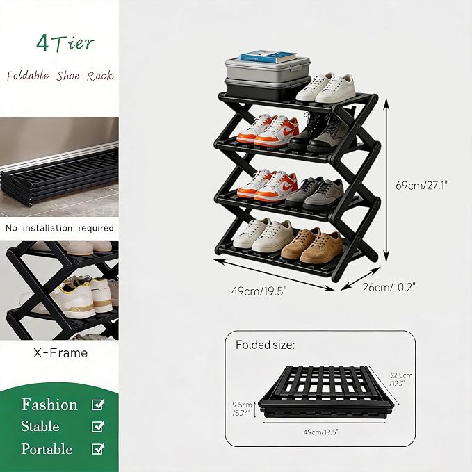 4 Tier Bamboo Shoe Rack Black,Portable Folding Shoe Storage Rack,Without Installation Small Shoe Rack Perfect for Corridors, Drom, Bedrooms and Small Spaces