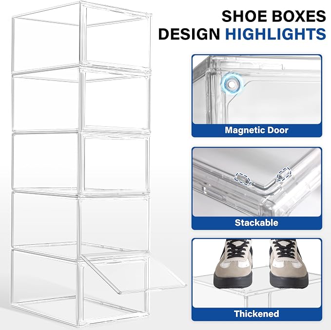 2 Pack Drop Front Shoe Boxes Acrylic Box Sneaker Case Size 12, Transparent Display Cases for Sneaker Collections, Baseball Caps, Hat Organizer Dust-free Shoe Cubbies Stackable Sneaker Boxes