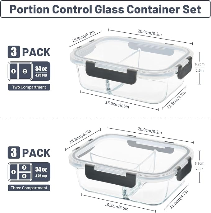 2 & 3 Compartment Glass Meal Prep Containers 6 Pack, 34oz Lunch Containers | Portion Control, Glass Food Storage Containers with Airtight Lids, Microwave, Freezer, Dishwasher Safe, Leak-Proof