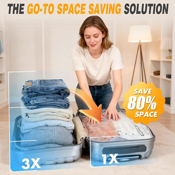 Vacuum Bags for Travel with Rechargeable Pump, 9 Pack Compression Packing Bags with 35KPA Electric Pump, 80% Space Saver for Clothes, Vacuum Seal Bags fo Carry-on Luggage Suitcase