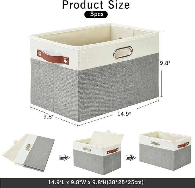 Bagnizer Large Collapsible Fabric Storage Bins with 3 Handles, Foldable Organizer Baskets for Closet, Shelves, Living Room | 3 Pack, Durable PU & Metal Handles (14.9"x9.8"x9.8", Gray & White)